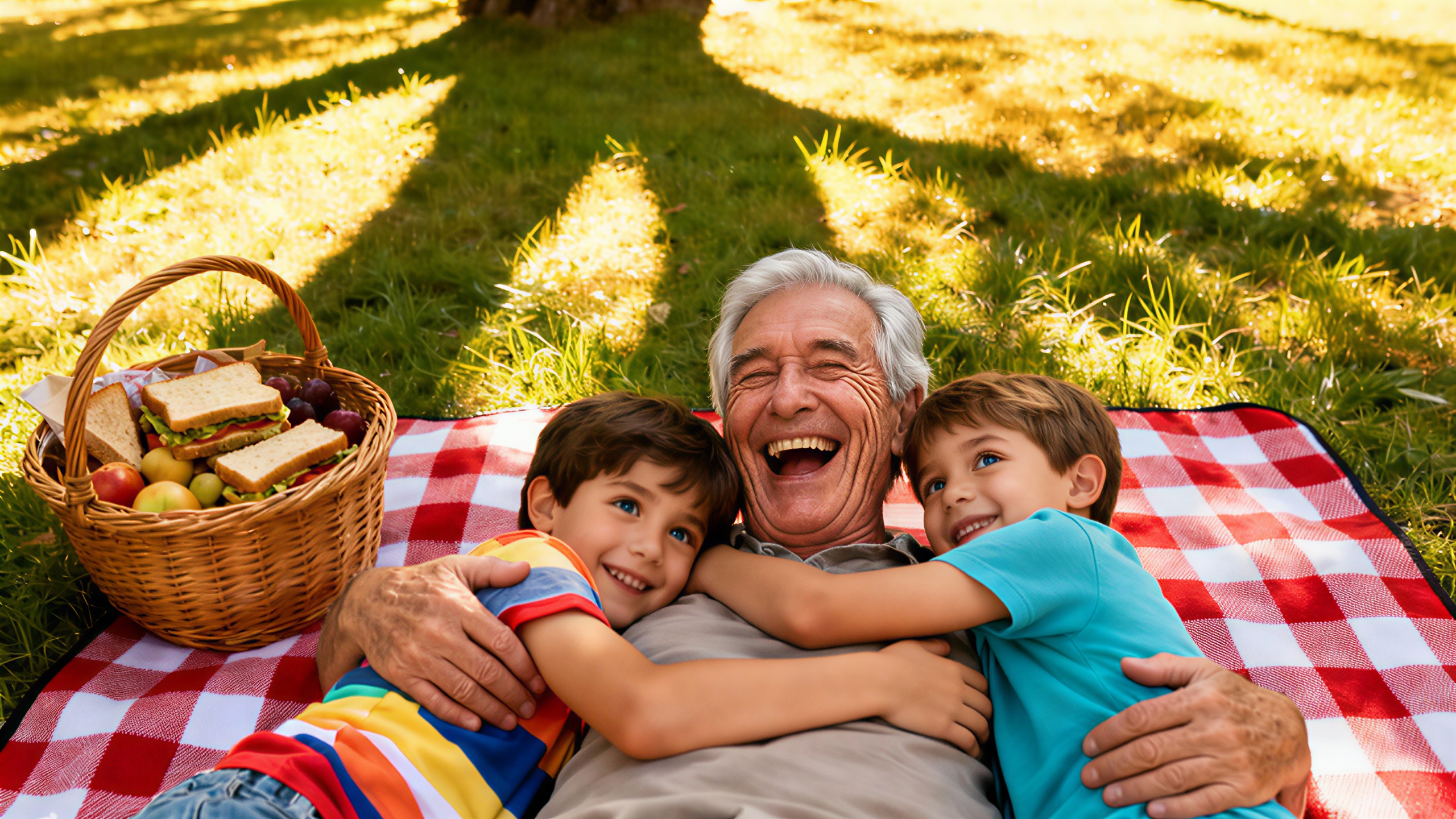 Ein Großvater lacht mit seinen Enkeln bei einem Picknick im Park.