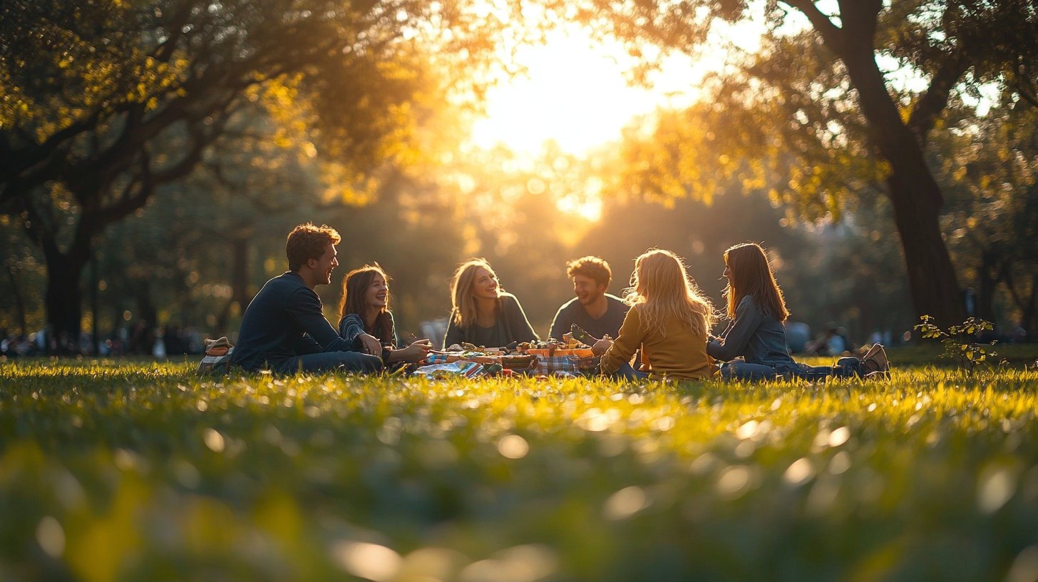 Freunde oder Familie genießen gemeinsam ein Picknick im sonnigen Park.
