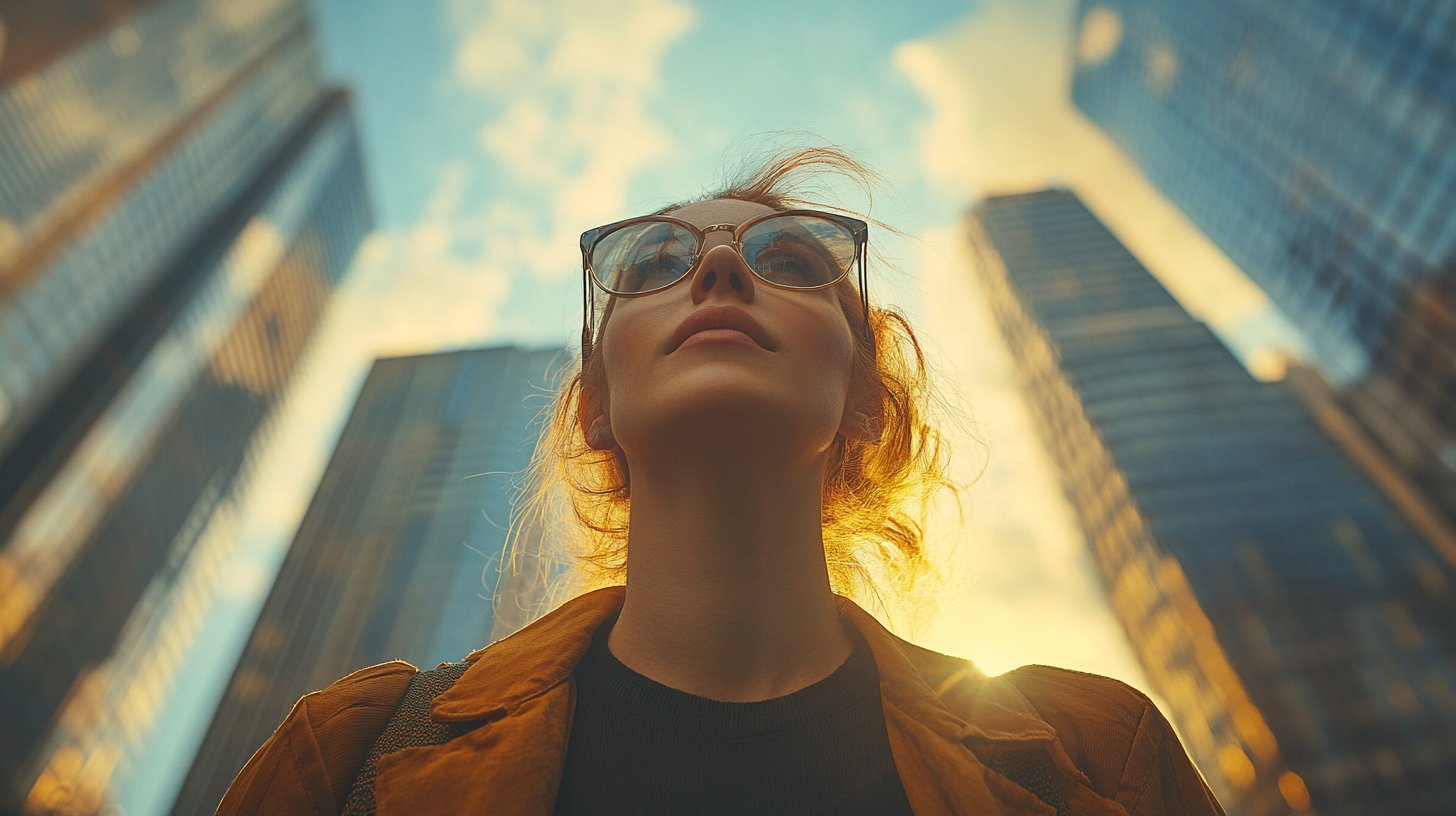 Una donna sicura in piedi in una città affollata.