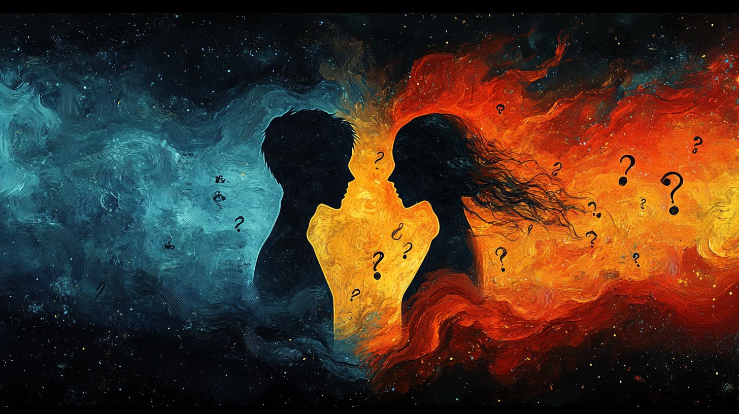 Two people facing away represent unresolved misunderstandings.