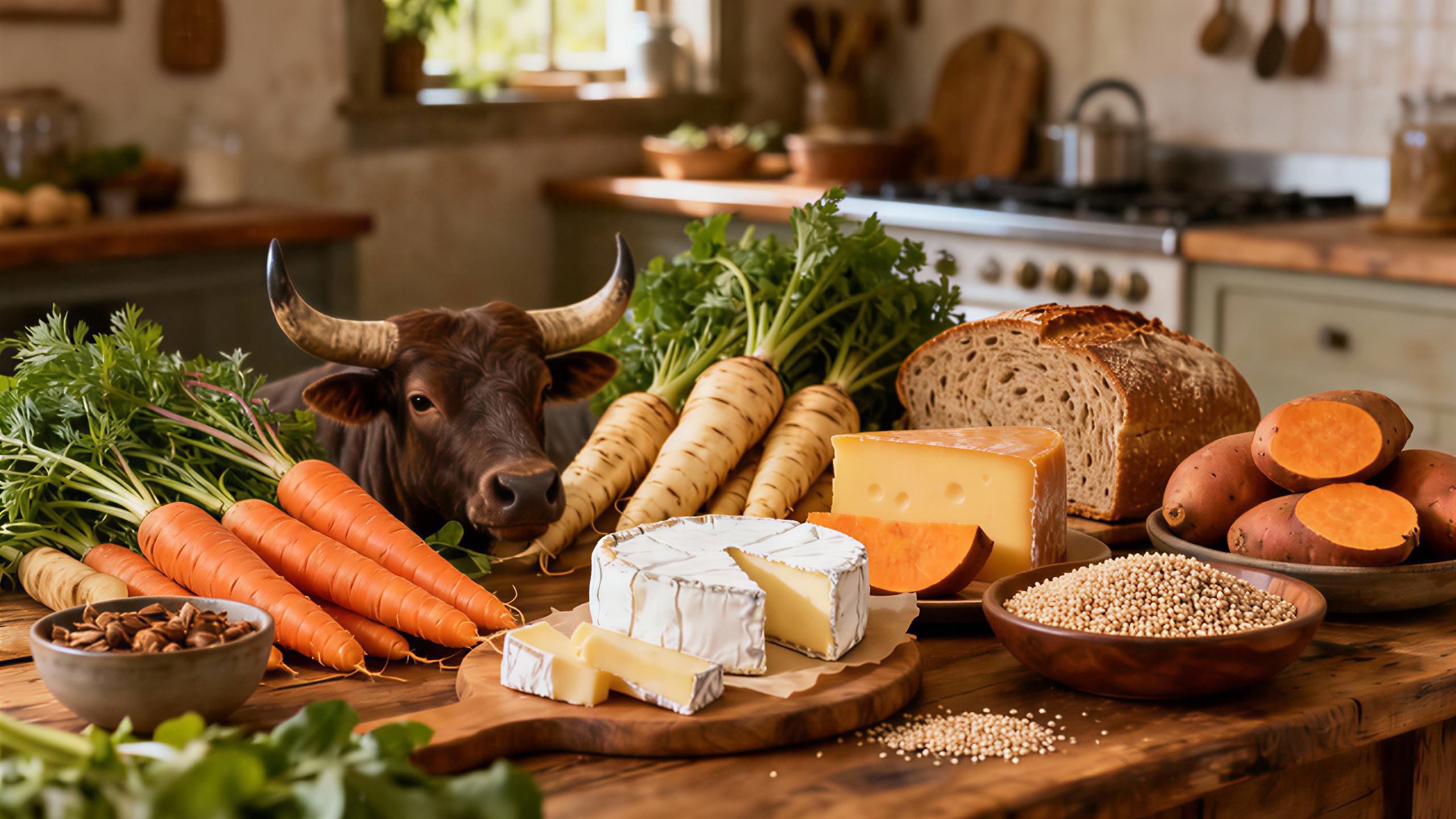 Eine rustikale Küche mit erdigen, herzhaften Speisen, die den Stier repräsentieren.