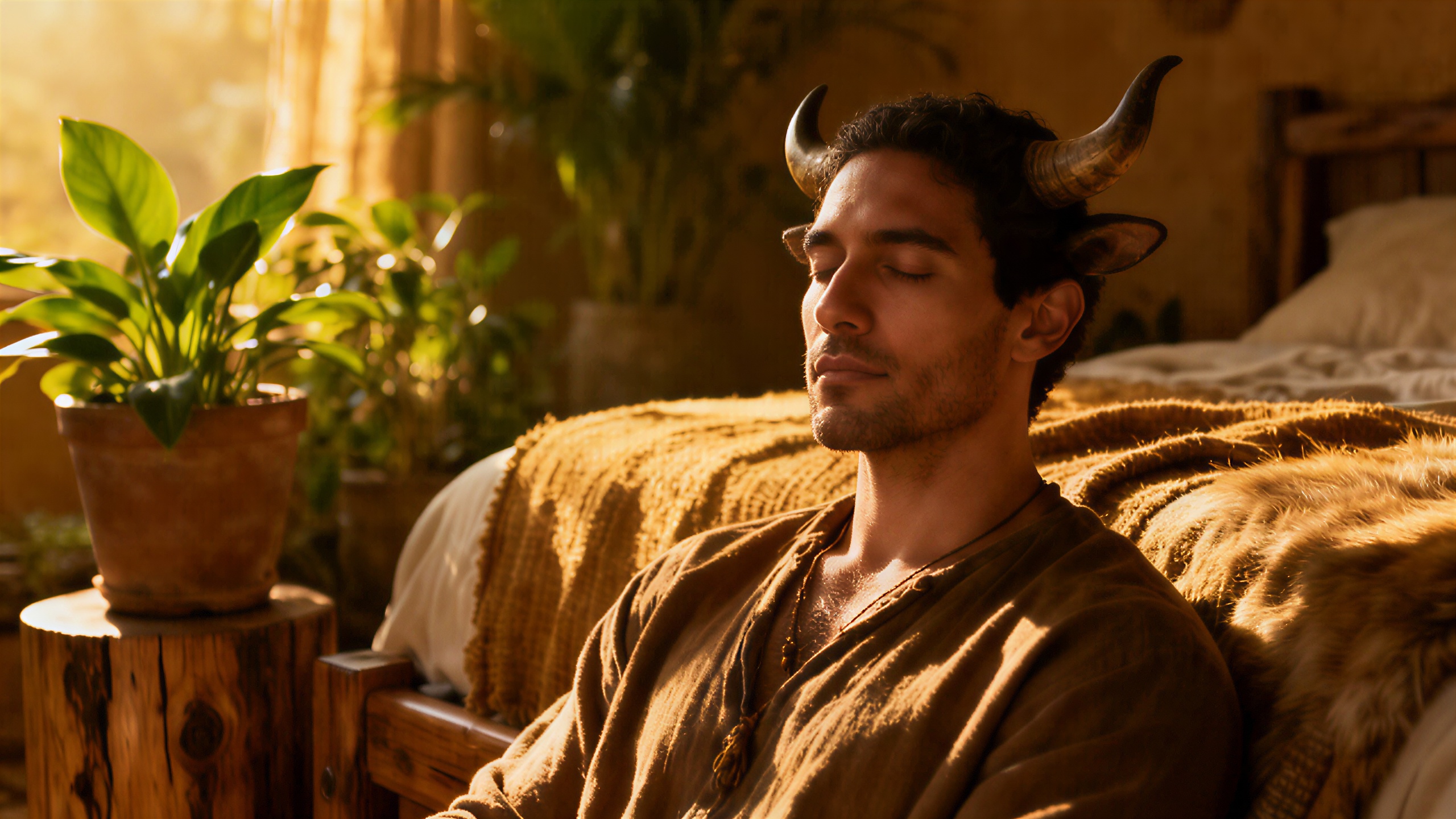 Ruhiges Stierwesen in einem gemütlichen, erdigen Schlafzimmer.