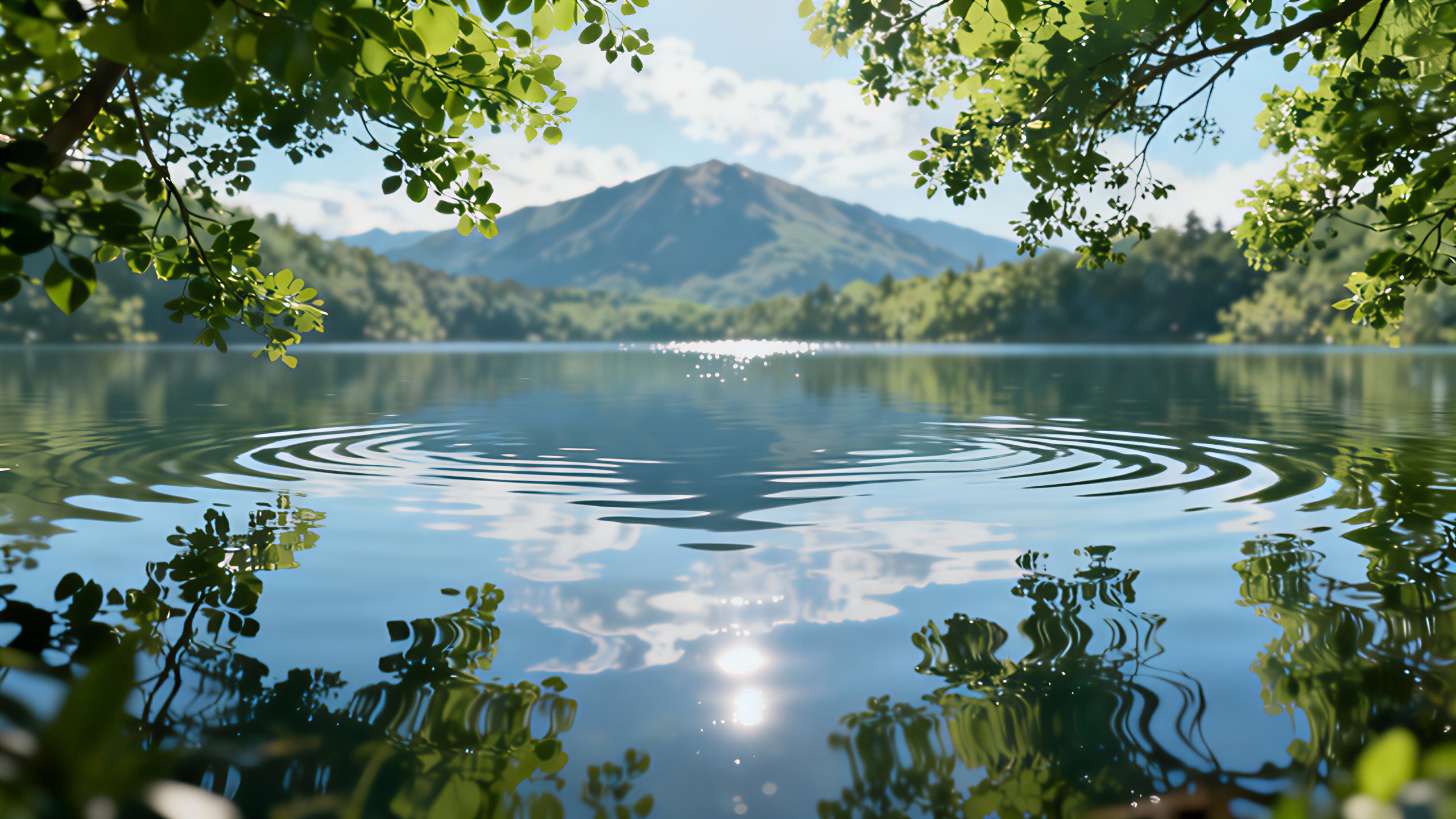 Eine fesselnde fotorealistische Darstellung eines ruhigen Sees, der den Aufruf des Wassers verkörpert.