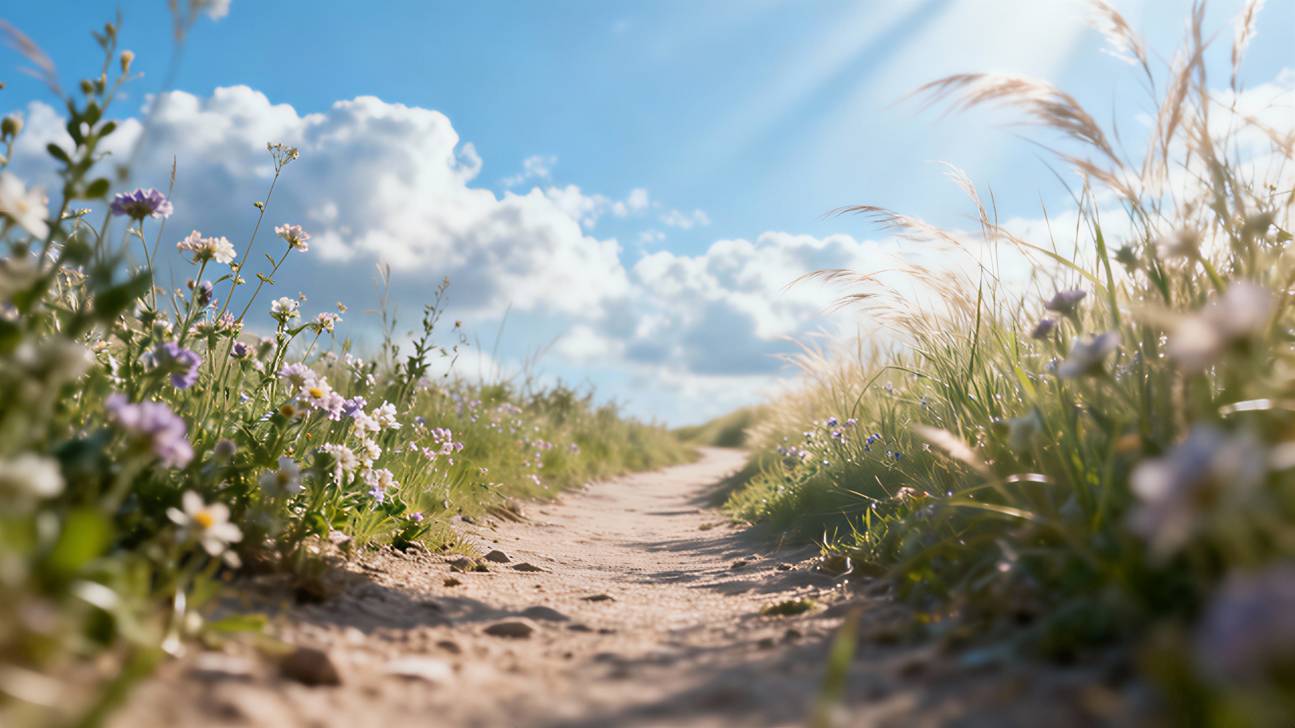 Eine ätherische fotorealistische Darstellung eines sanften, blühenden Weges unter einem blauen Himmel.