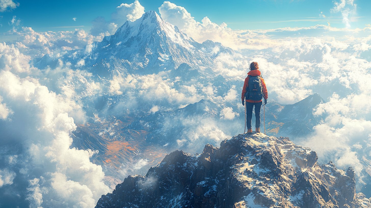 Una mujer aventurera escala montañas majestuosas con valentía.