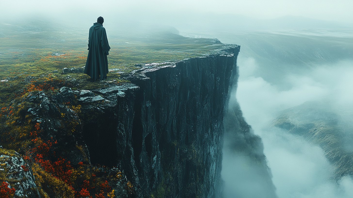 Une personne se tient au bord d'une falaise, regardant une vallée brumeuse, se sentant isolée.