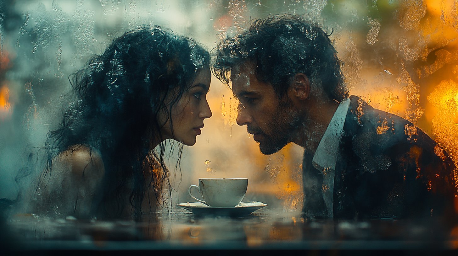 Un couple est assis à une table, se faisant face mais regardant ailleurs, entouré de tension.