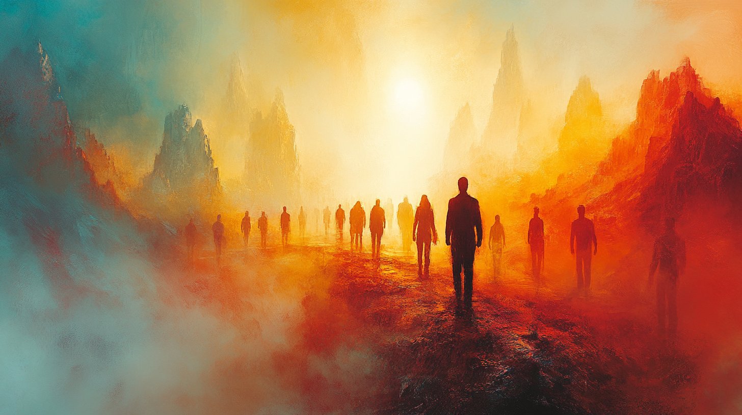 Deux individus se tiennent sur des chemins séparés dans une forêt, regardant dans des directions opposées.