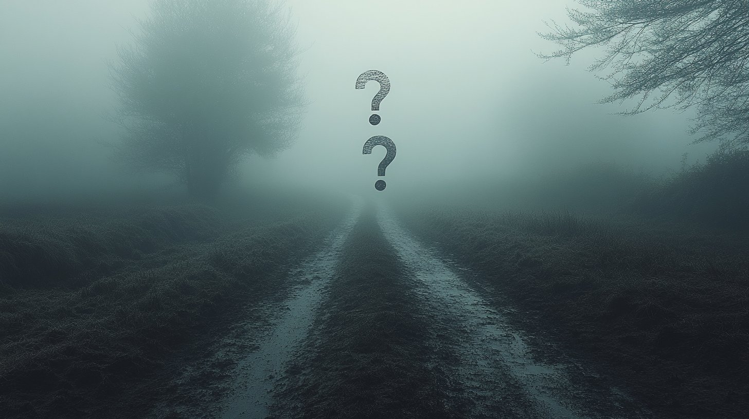 Ein nebliges Landschaftsbild mit Fragen symbolisiert ungeklärte Gedanken.