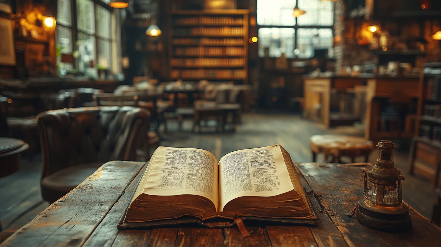 Ein aufgeschlagenes Buch fliegt im Wind, umgeben von leeren Stühlen.