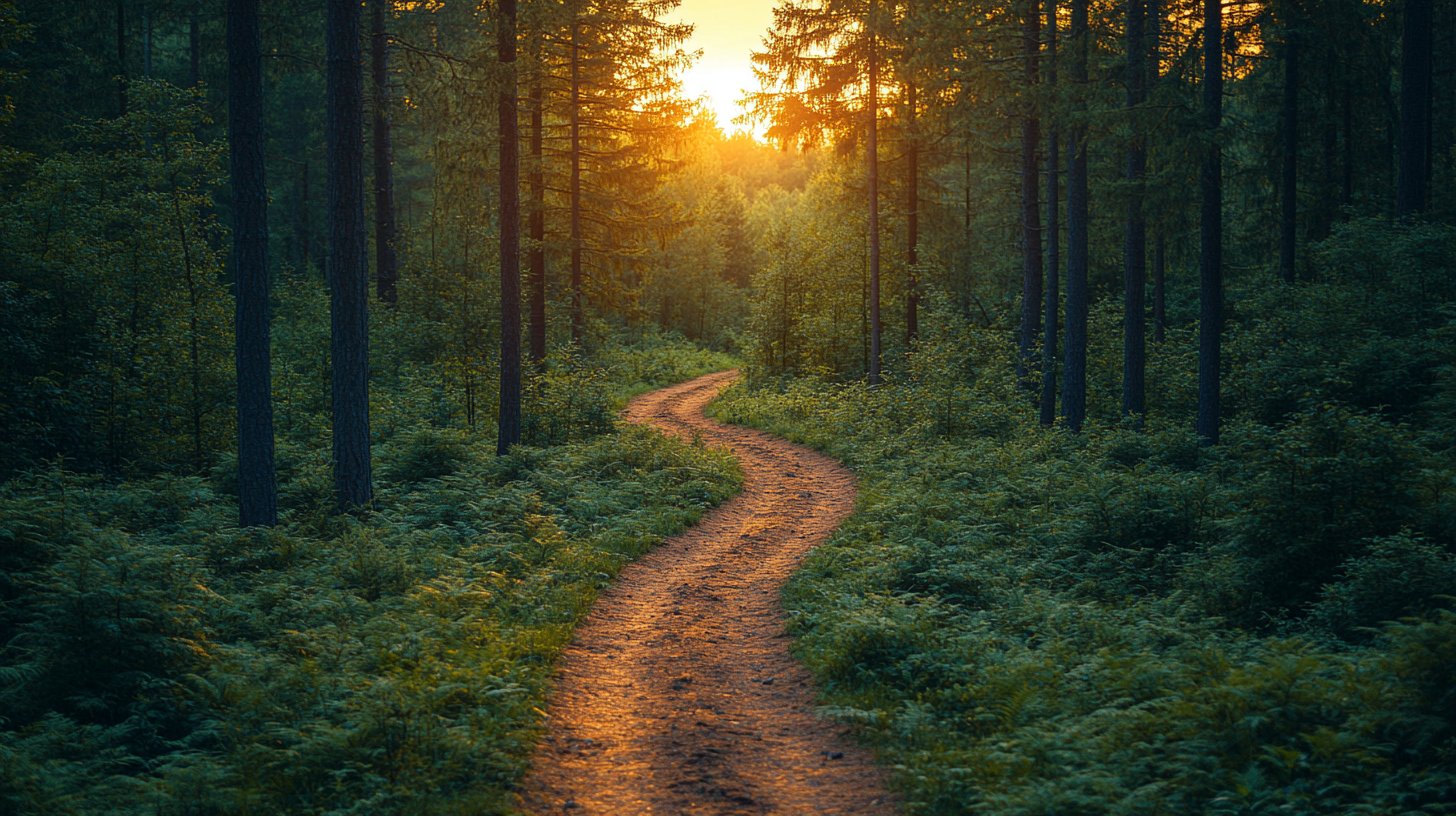Eine Weggabelung im Wald, einer Richtung Sonne, der andere Schatten.
