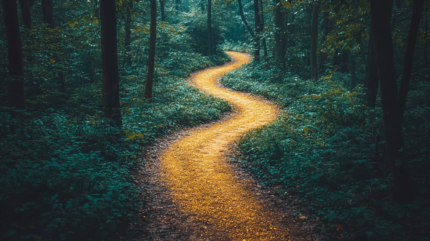 Dos caminos divergentes en un bosque simbolizando elecciones de vida.