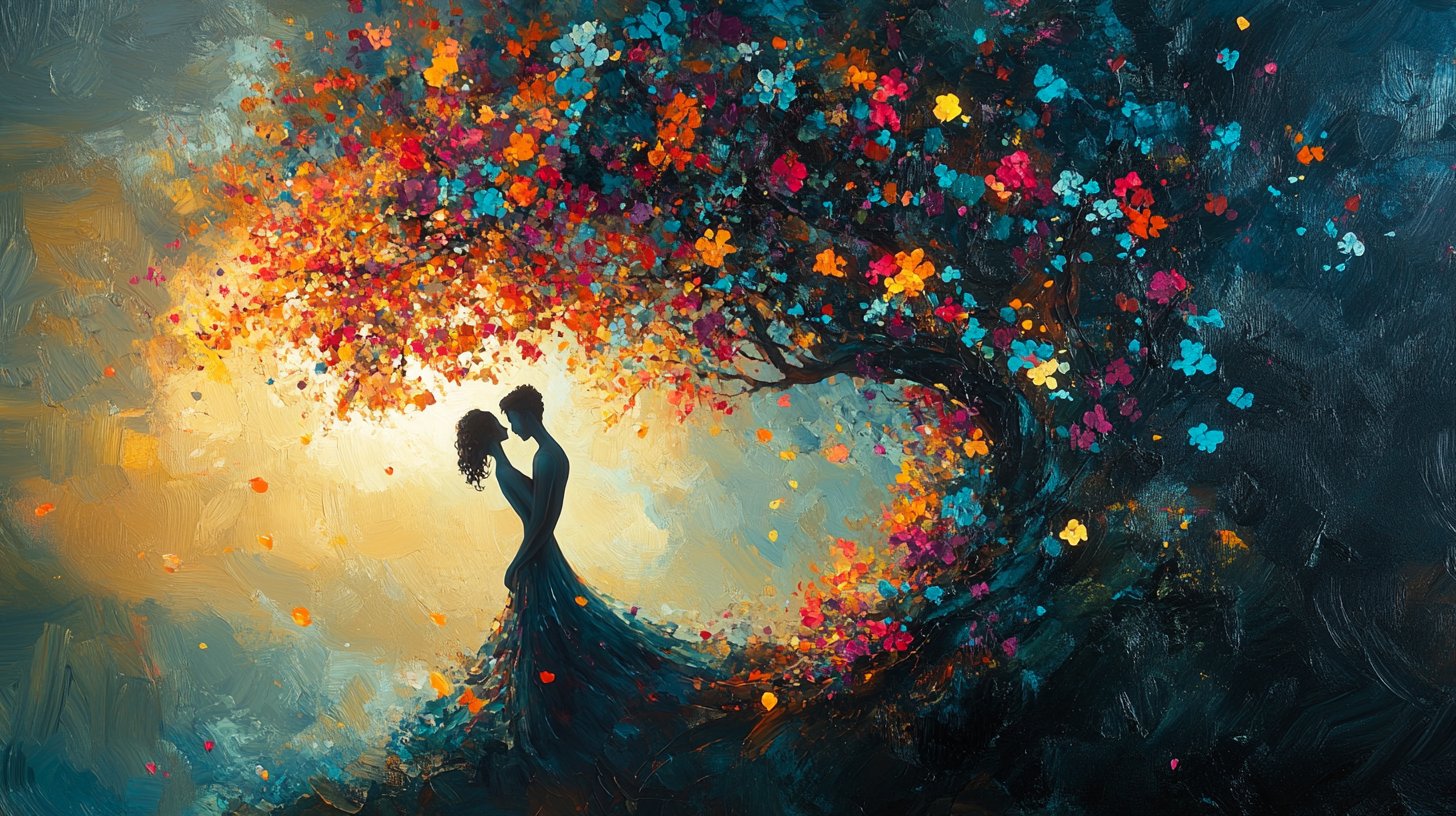 Un árbol floreciente a través de las estaciones que representa crecimiento y cambio.