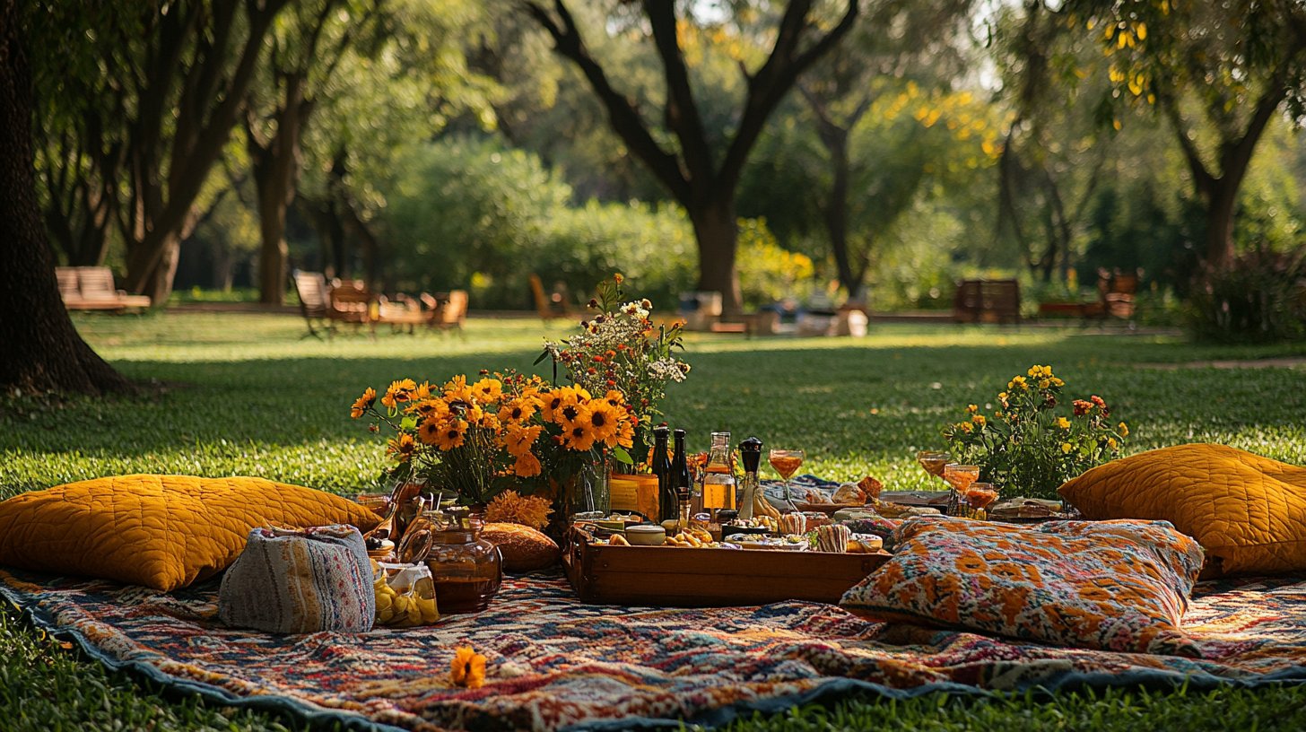 Un picnic a sorpresa con coperte colorate e cibo delizioso.