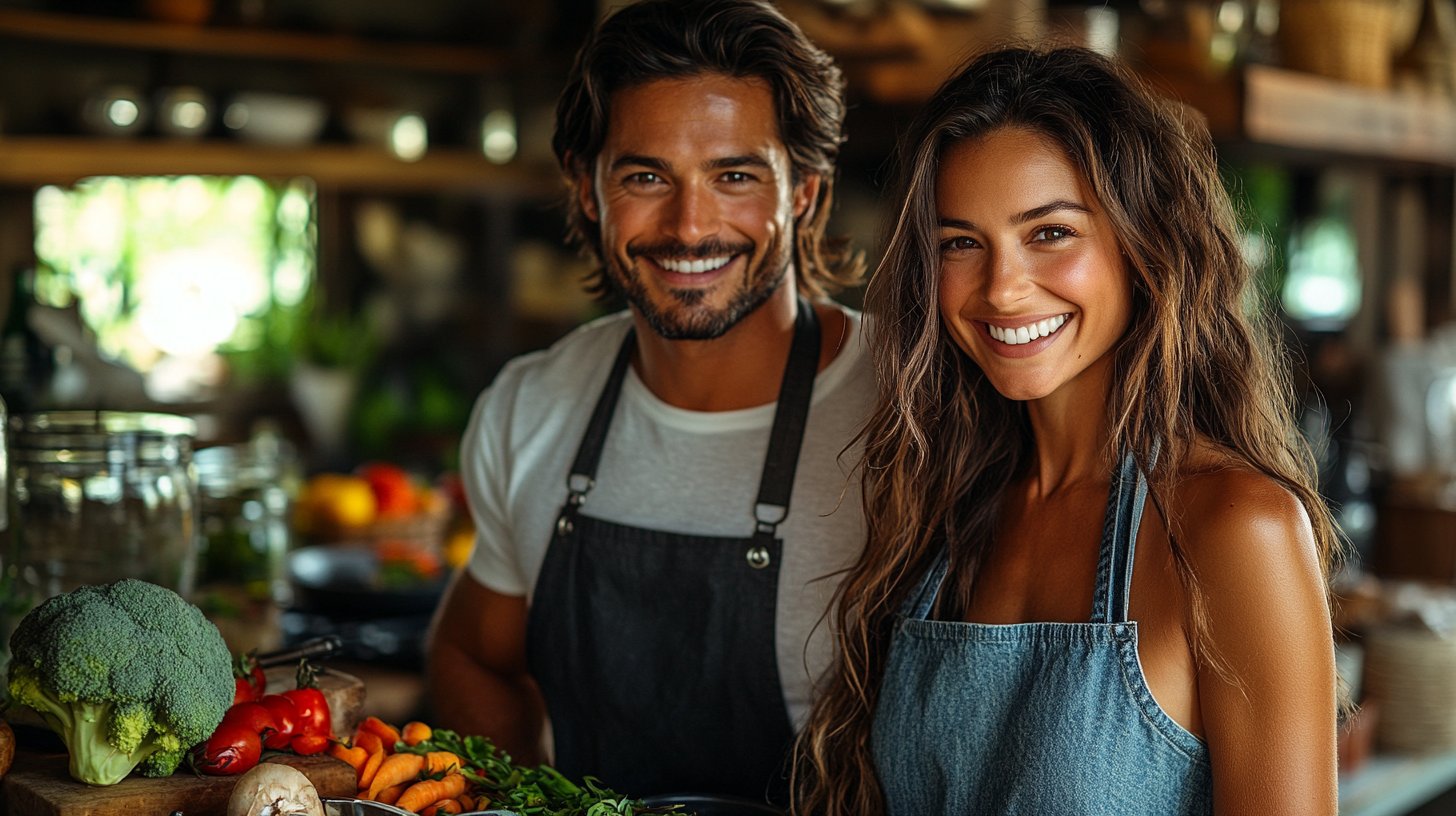 Una coppia cucina insieme in una cucina luminosa e accogliente.