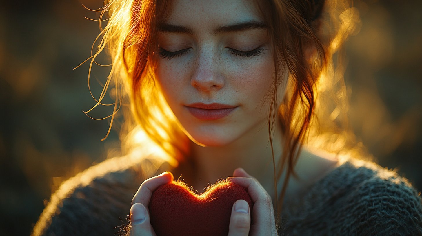 Un primo piano di una persona che tiene il cuore, occhi chiusi, che esprime accettazione del dolore.