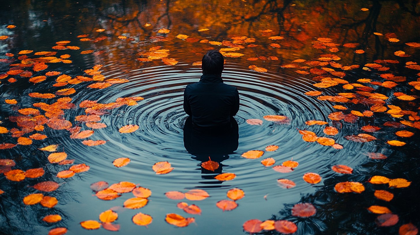 Una superficie riflettente calma dove una persona guarda il proprio riflesso, circondata da foglie autunnali.