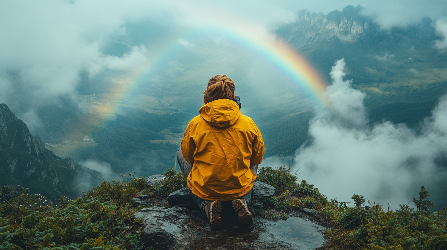 Una persona che guarda attraverso un binocolo un vasto paesaggio, nuvole che si aprono per rivelare un arcobaleno.