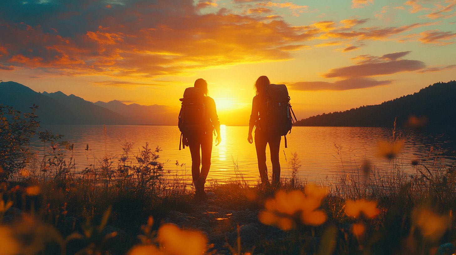 Zwei Personen genießen fröhliche gemeinsame Momente in schöner Landschaft.
