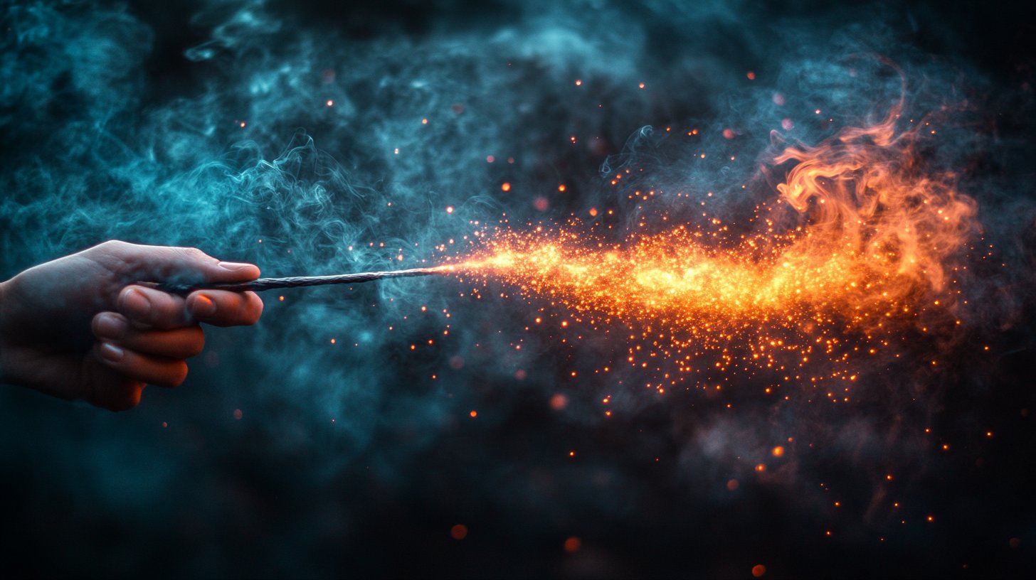 Eine Hand eines Magiers winkt mit einem Zauberstab, um Illusionen zu erzeugen.