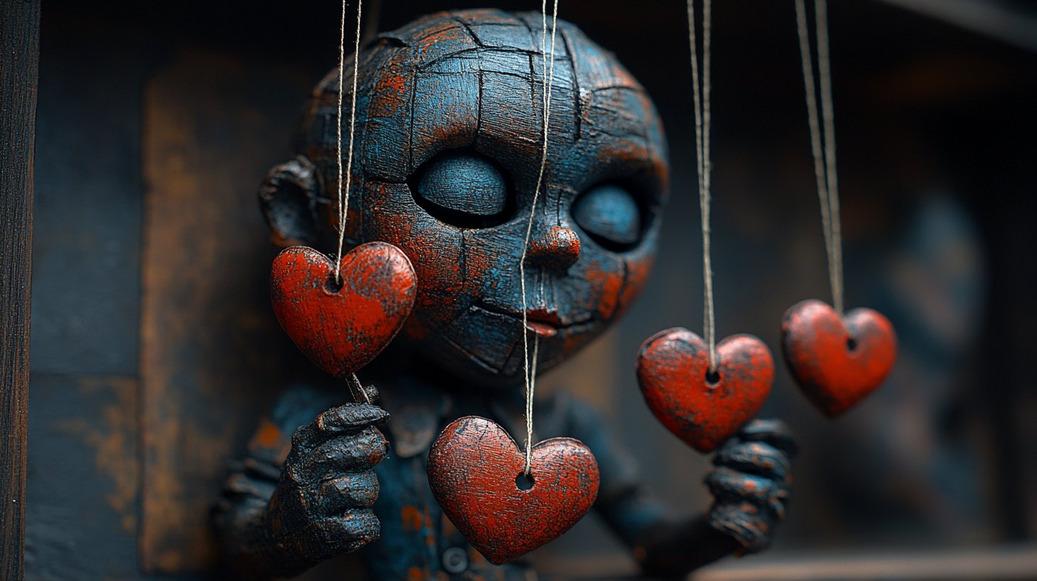 Ein Puppenspieler kontrolliert Marionetten, was emotionale Manipulation darstellt.