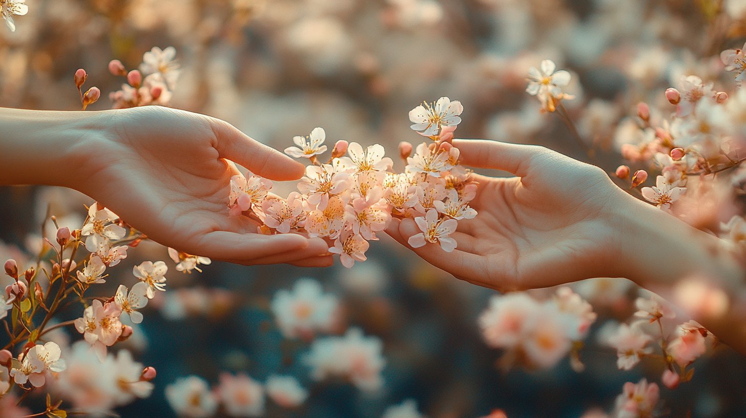 Mani che si sfiorano, circondate da fiori.