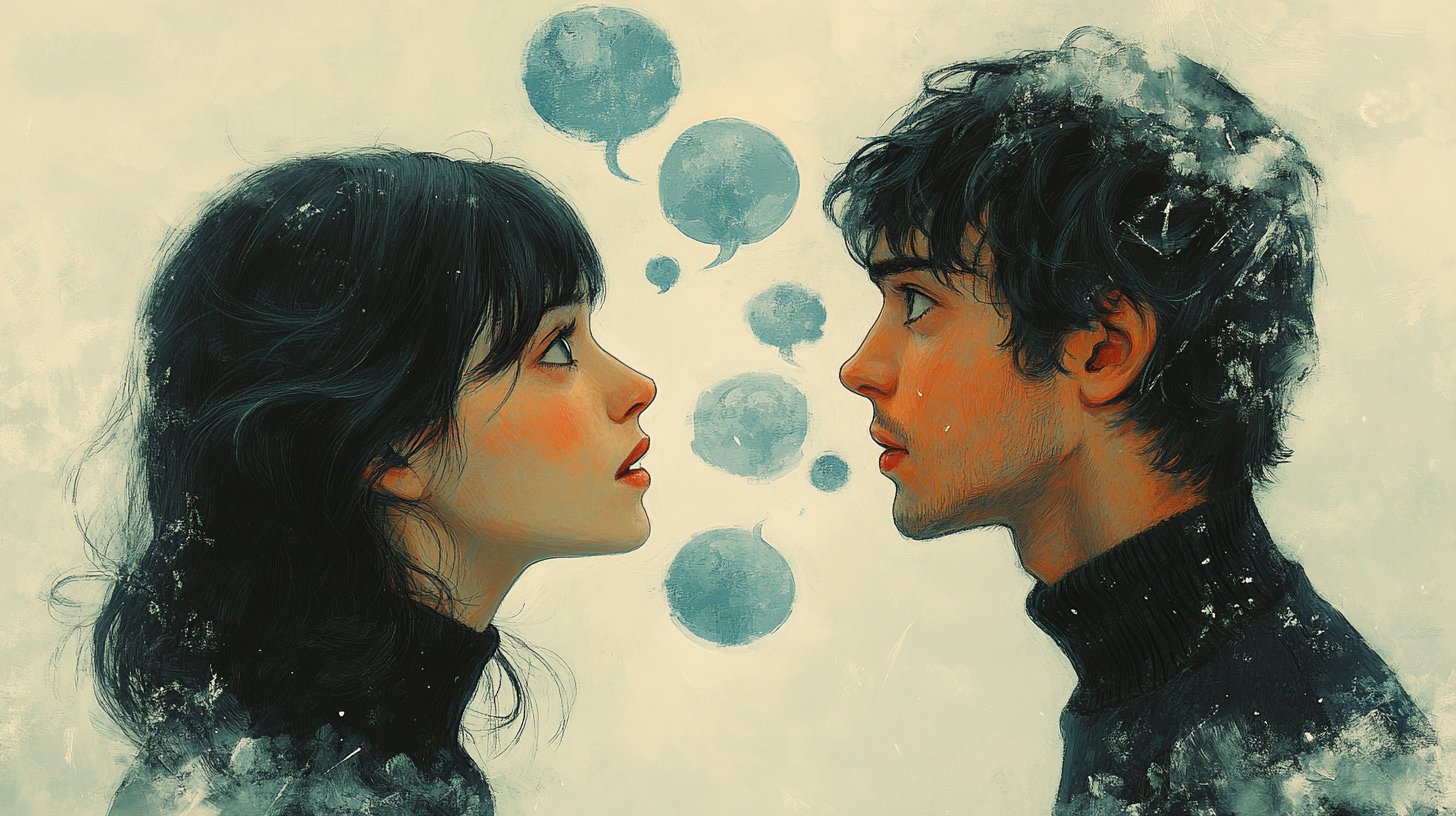 Eine enttäuschte Person, während sie kritisiert wird, mit ungehörten unterstützenden Gedankenblasen.