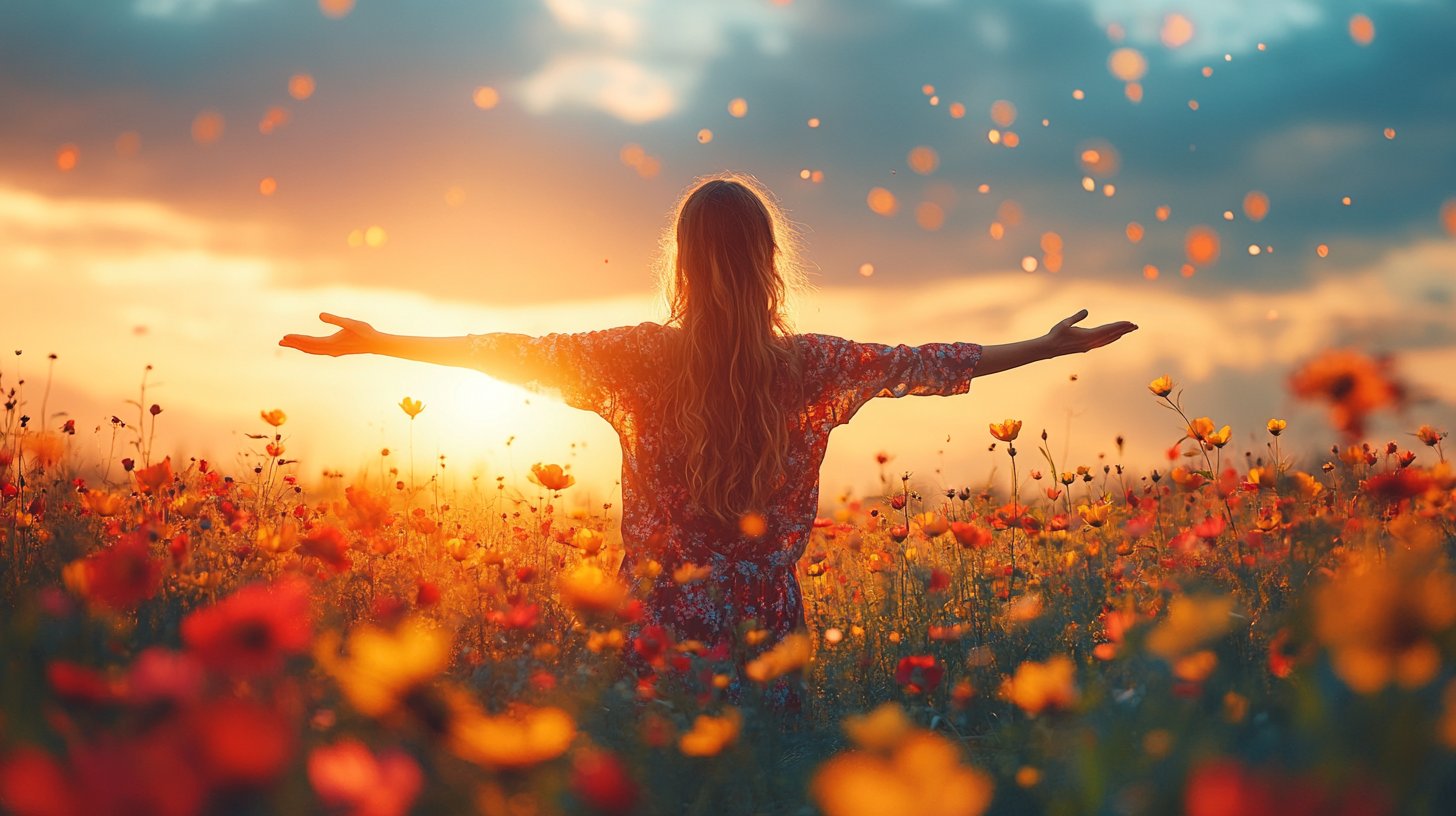 Umarmung der Gefühle umgeben von blühenden Frühlingsblumen.