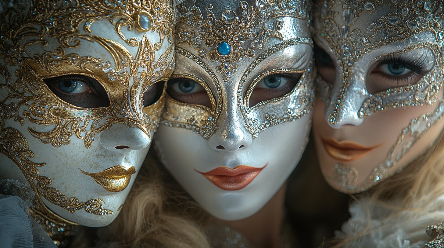 Una scenografia di ballo in maschera elegante e misteriosa.