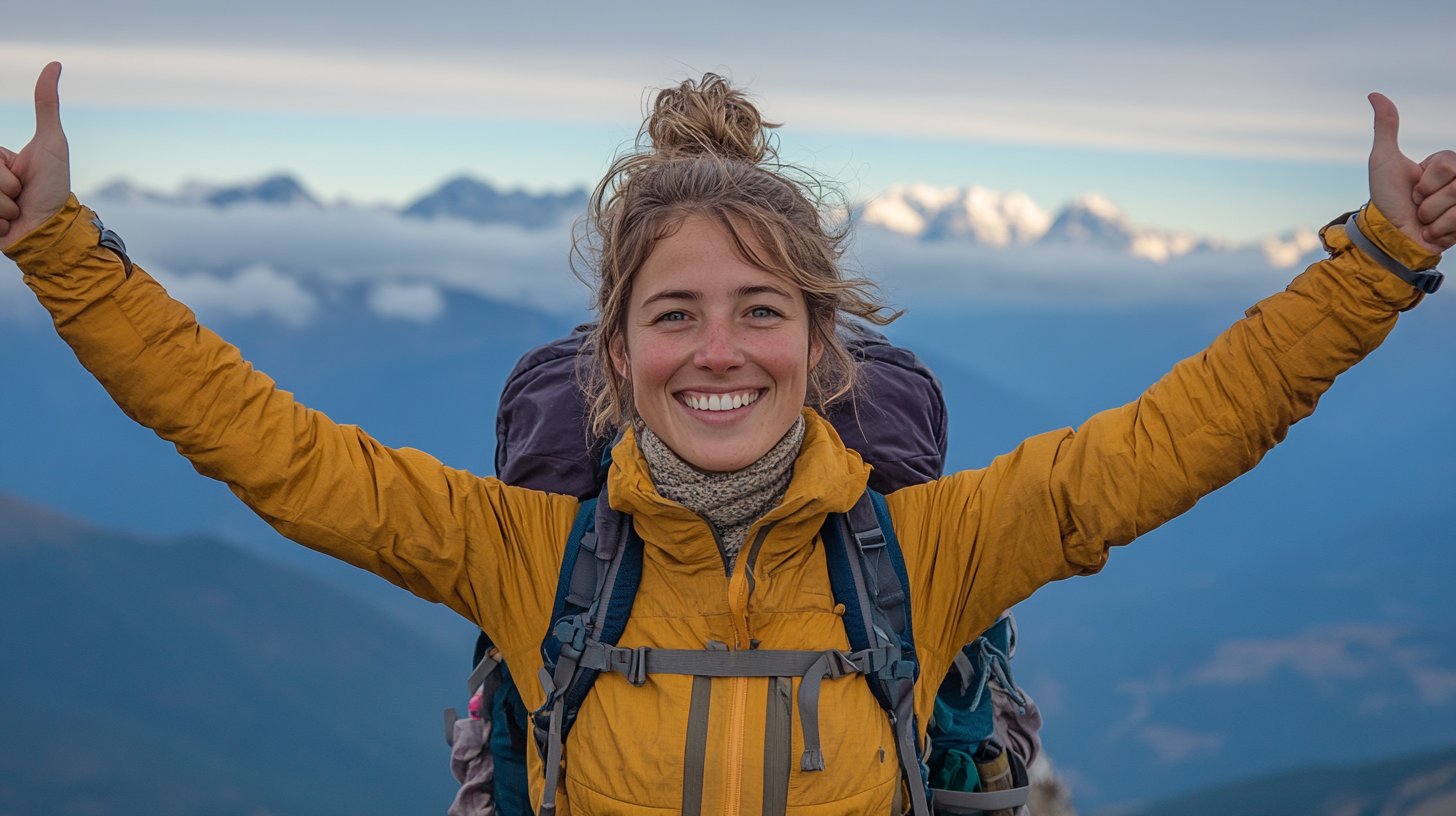 Eine Person, die auf einem Berggipfel triumphiert.