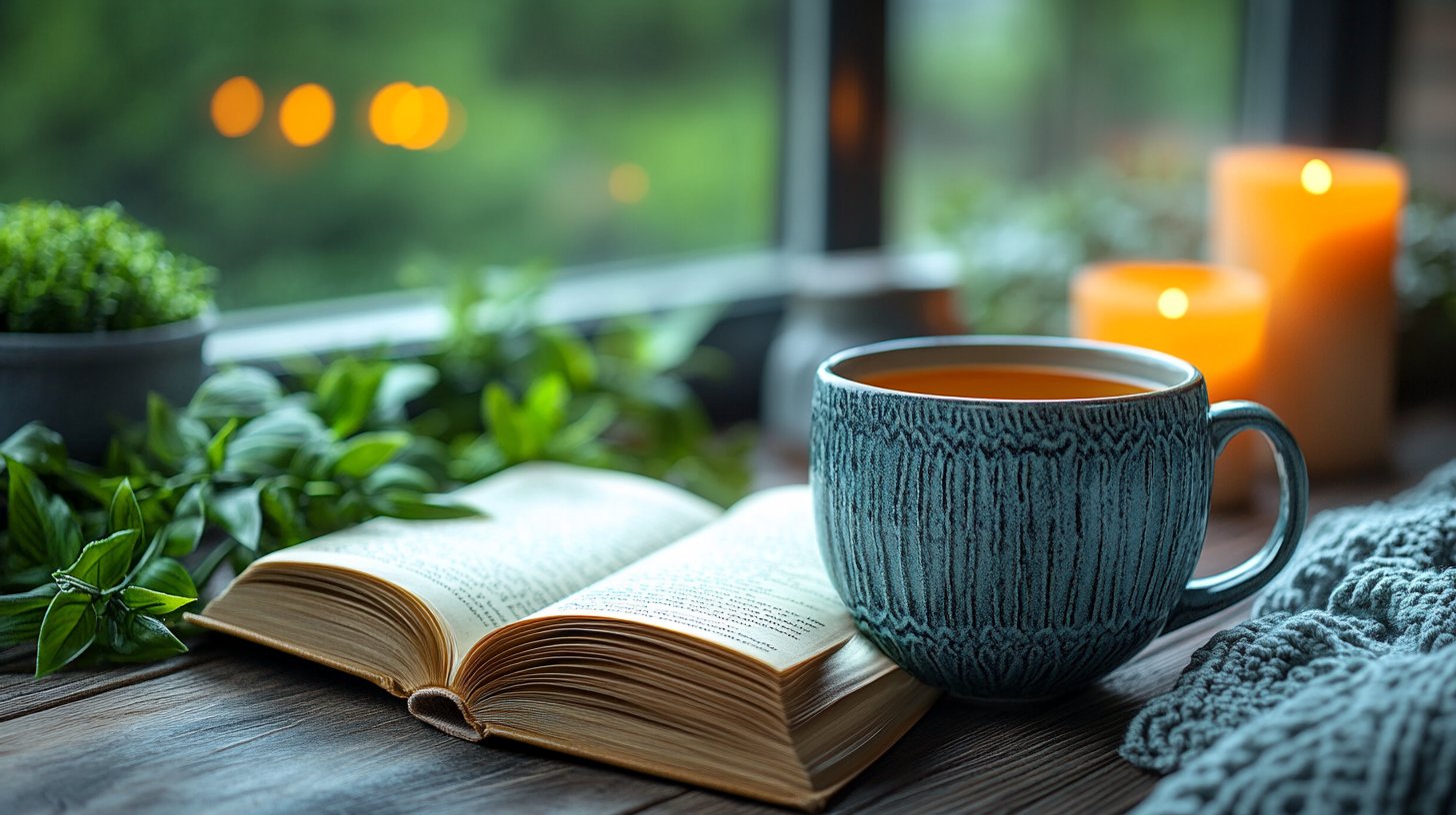 Una scena accogliente di auto-cura con una tazza di tè e libri aperti.