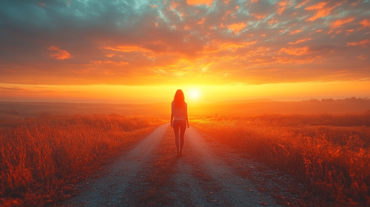 Una escena contemplativa en una encrucijada con un amanecer al fondo.