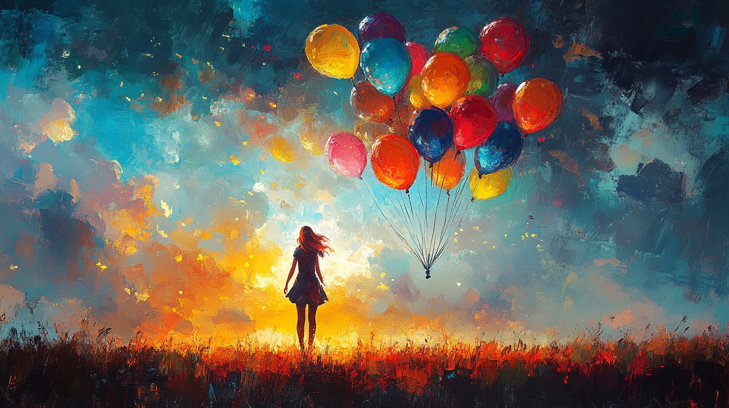 Rappresentazione astratta di una persona che lascia volare palloncini colorati, simboleggiando la guarigione emotiva.