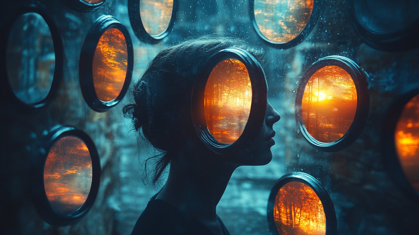 Una silhouette circondata da specchi che riflettono diverse versioni di se stessa.