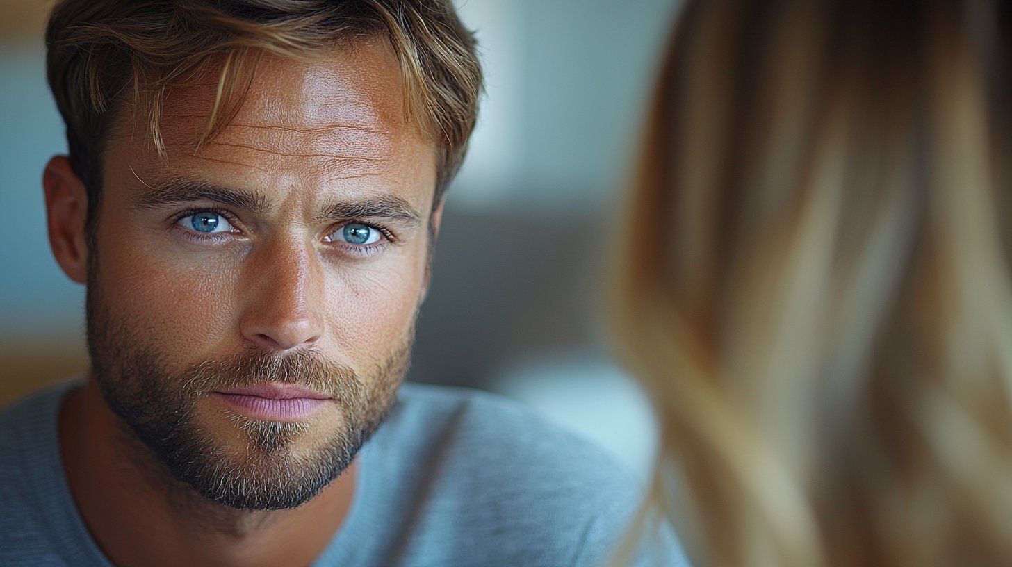 Ein Mann zeigt einen abwertenden Gesichtsausdruck, während eine Frau spricht.