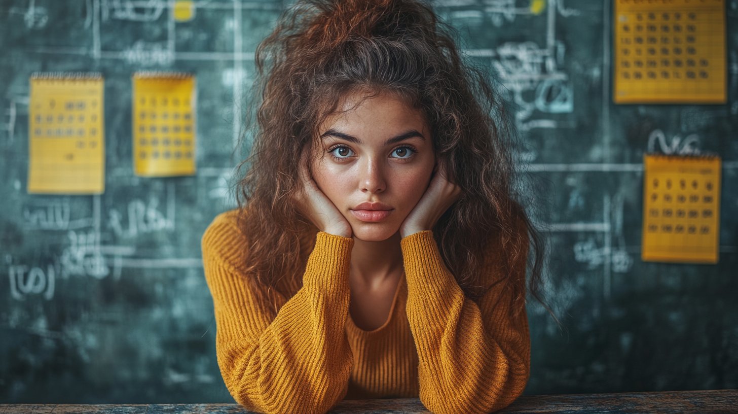 Ein kaputtes Uhrsymbol steht für Unzuverlässigkeit, während eine entschlossene Frau den Fokus behält.