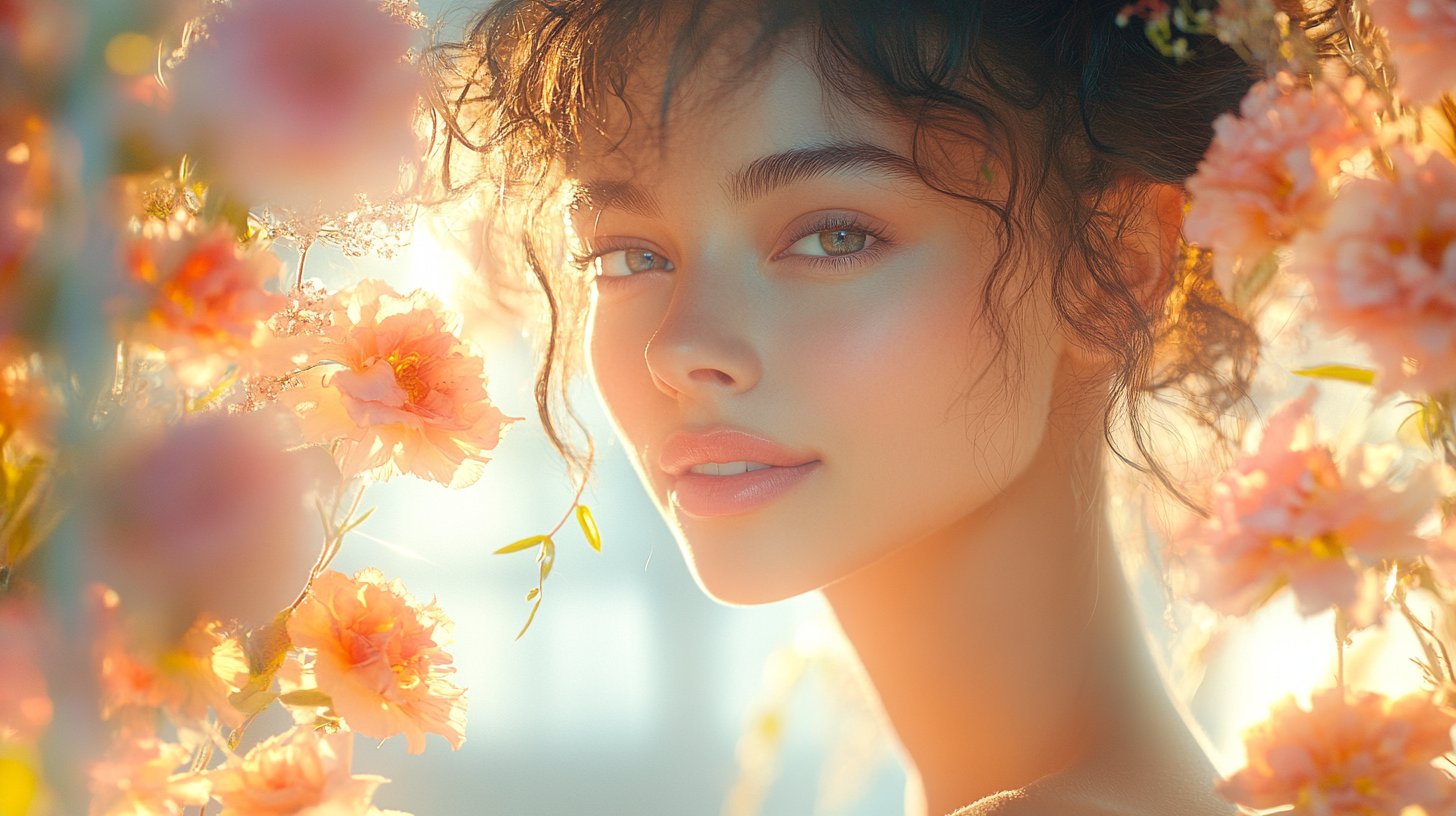 Eine friedliche Frau lächelt in den Spiegel und umarmt Selbstliebe.