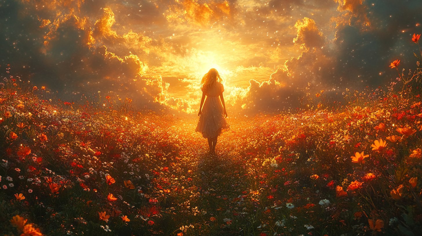 Eine hoffnungsvolle Frau betritt einen hellen Weg voller blühender Blumen.