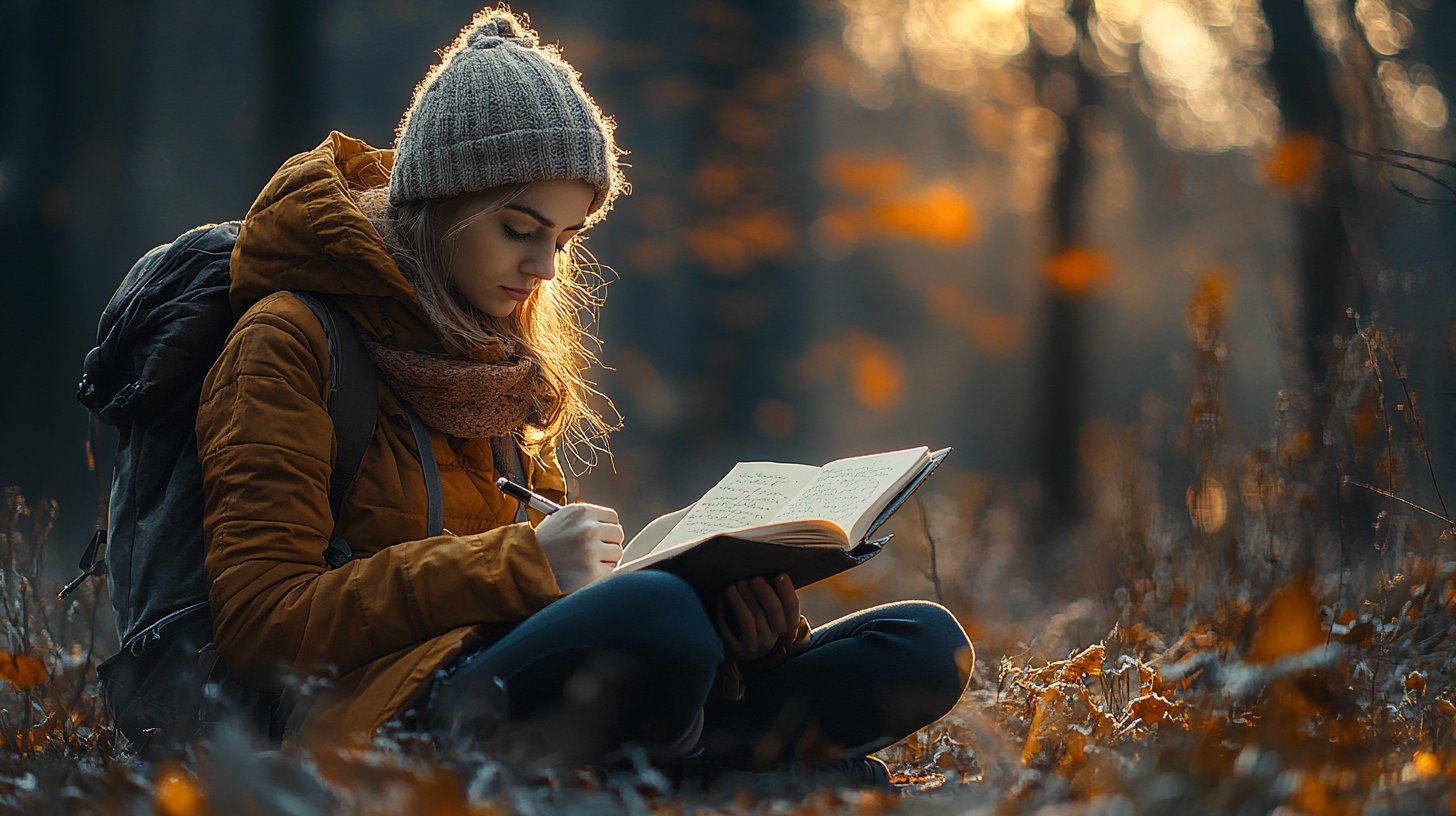 Una scena riflessiva di una persona che scrive nella natura, illuminata da una luce soffusa.