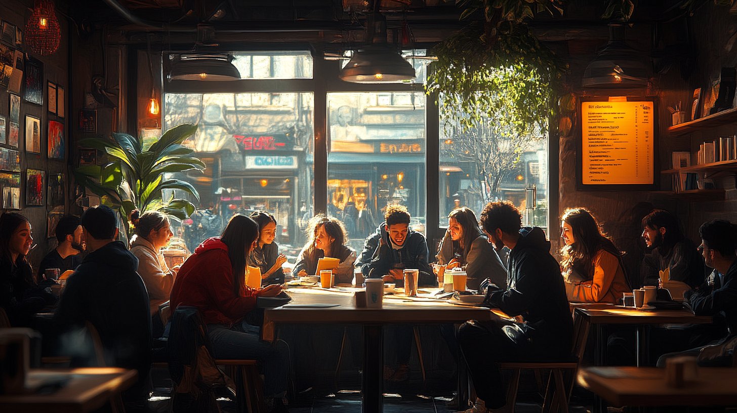 Un gruppo diversificato di amici che si supportano in un accogliente caffè, promuovendo comunità.