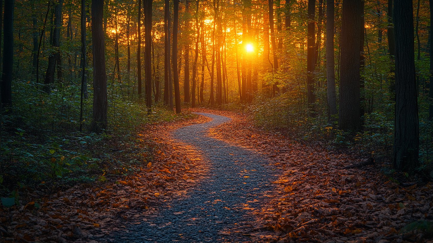 Un sentiero chiaro e tortuoso attraverso una foresta che porta a un orizzonte luminoso, simboleggiando un cambiamento positivo.
