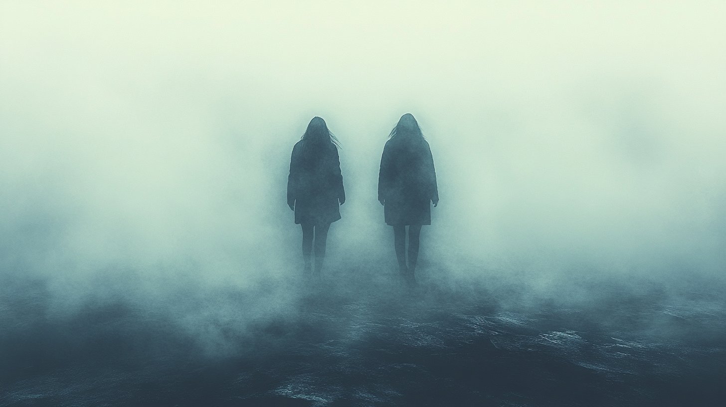 Eine ätherische Darstellung emotionaler Distanz zwischen zwei Figuren, die in einem nebligen Setting stehen.