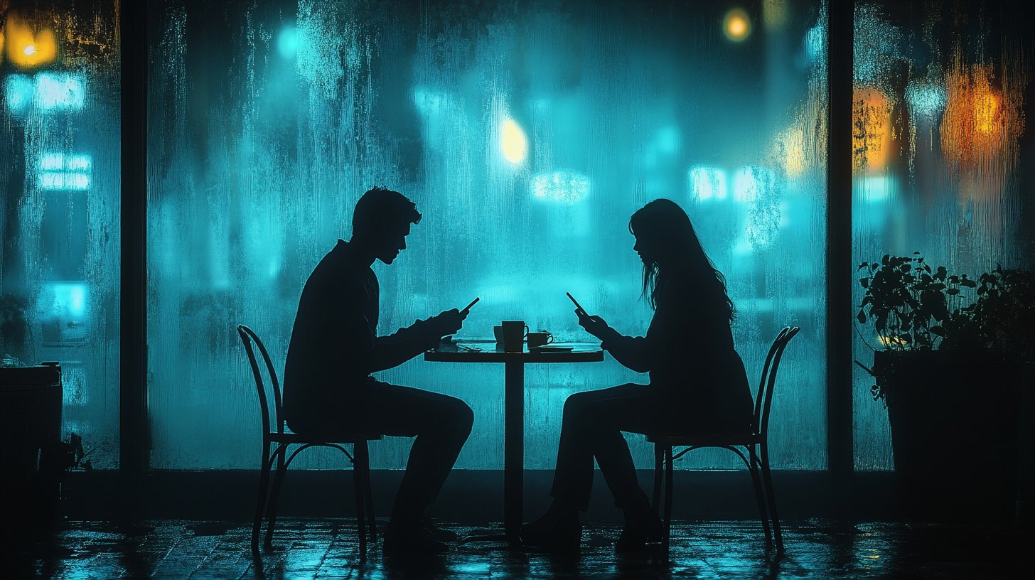 Eine ruhige Szene eines Paares, das an gegenüberliegenden Seiten eines Tisches sitzt und in seine Telefone vertieft ist.