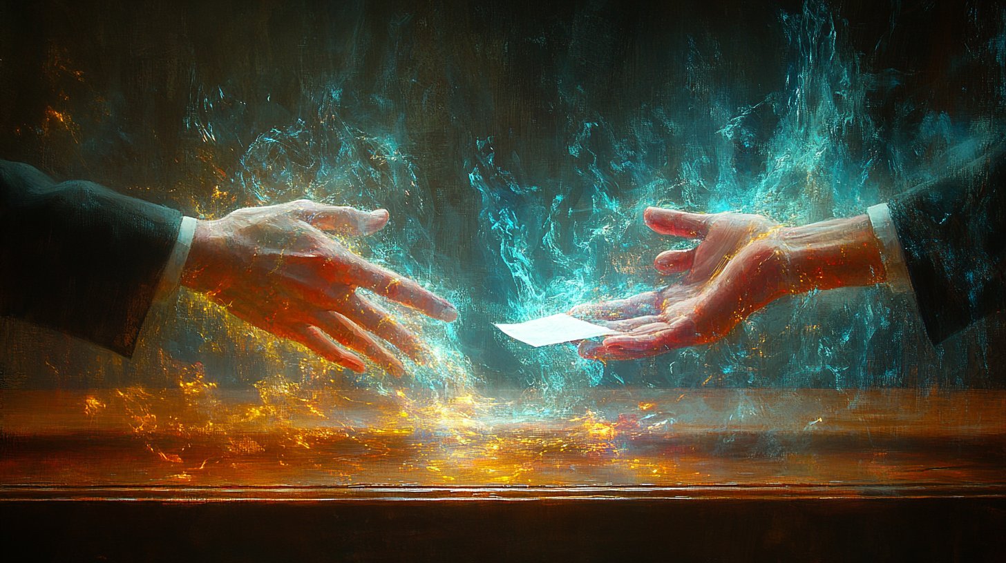 Eine geheimnisvolle Darstellung geheimer Kommunikation, mit zwei Händen, die heimlich eine Notiz austauschen.