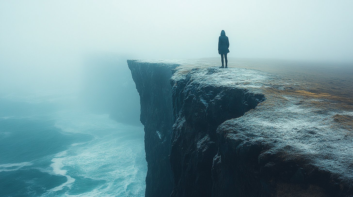 Una silueta solitaria en un acantilado sobre el océano.
