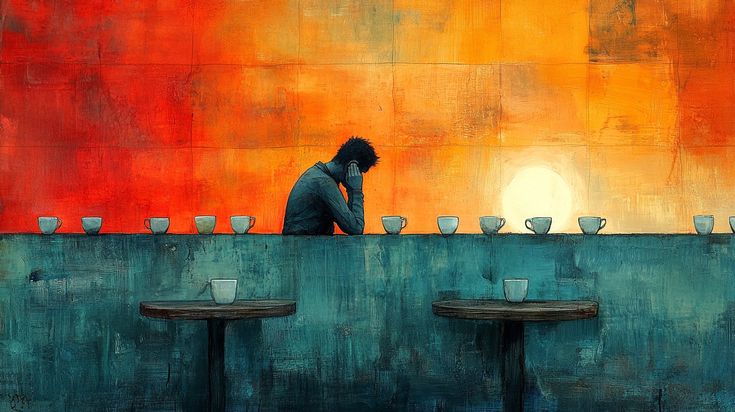 Una figura cansada sola en una cafetería.