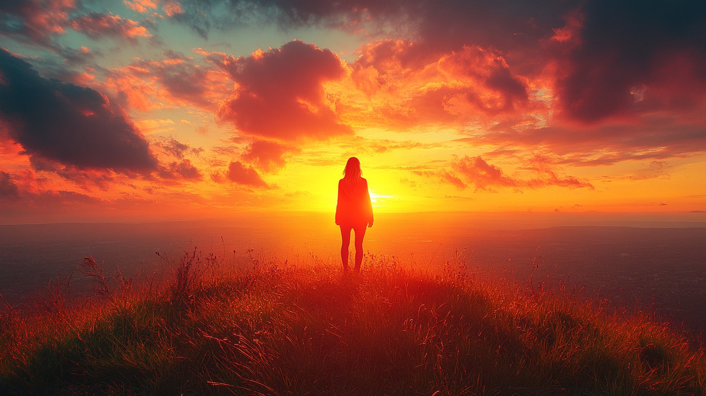 Una donna su una collina guarda verso l'orizzonte, simboleggiando speranza e auto-scoperta.