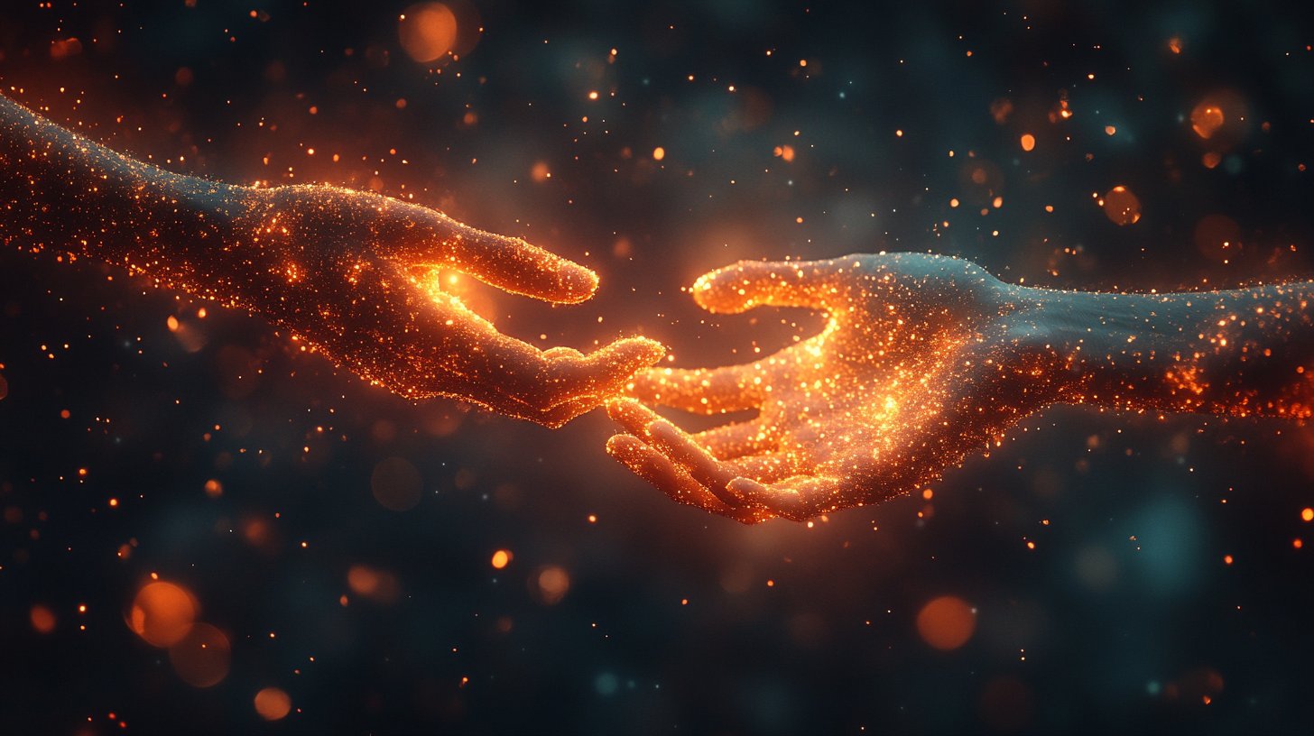 Gros plan de deux mains presque touchant, entourées de particules lumineuses représentant l'attraction.