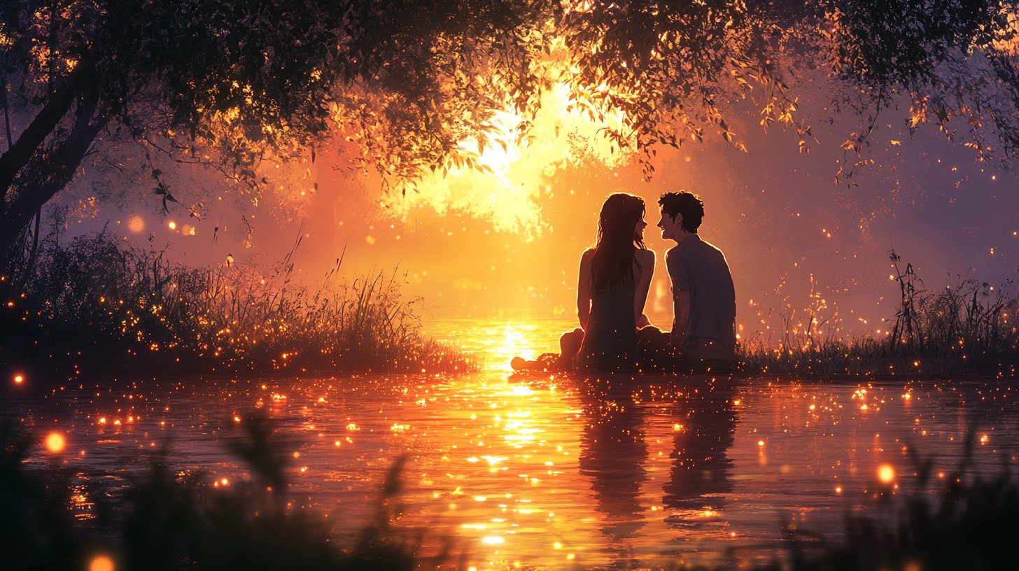 Deux personnes partagent des rires et une conversation dans un cadre naturel serein.