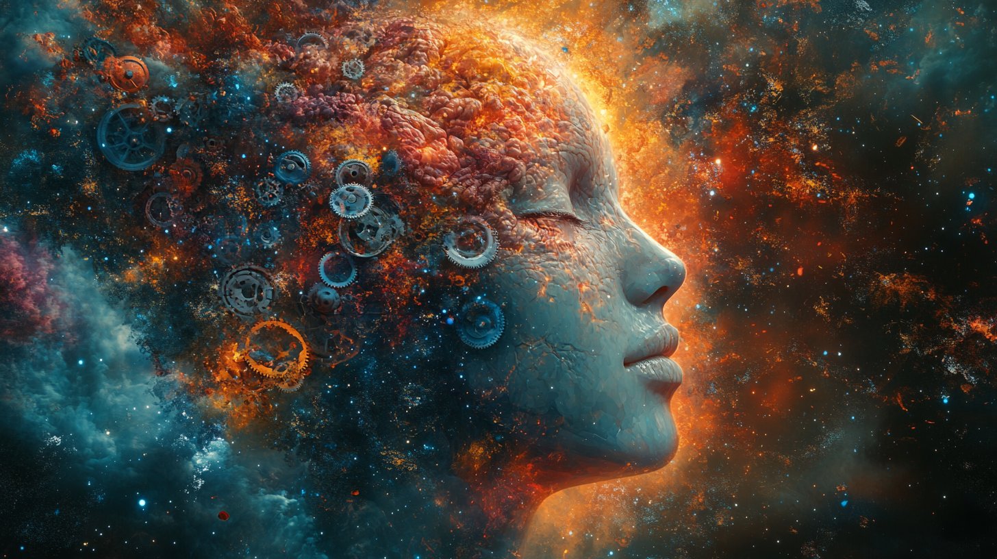 Une représentation abstraite de l'esprit avec des engrenages colorés illustrant les aspects psychologiques de l'attraction.